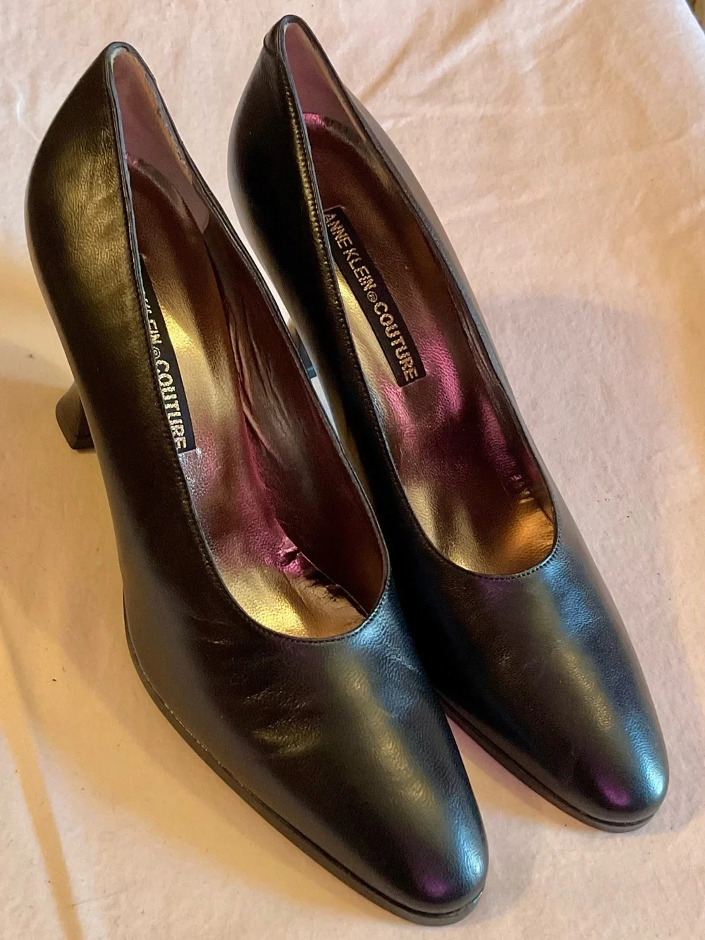 Vintage Anne Klein Couture Black Leather Pumps 7 Narrow